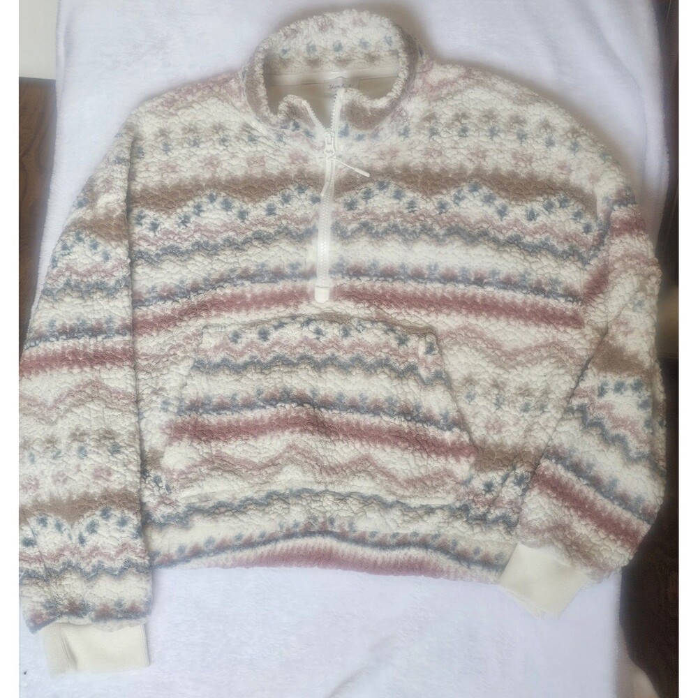 Yarn & Sea Fair Isle Sherpa Half-Zip Cropped Pullover  w/ Kanga Pocket L